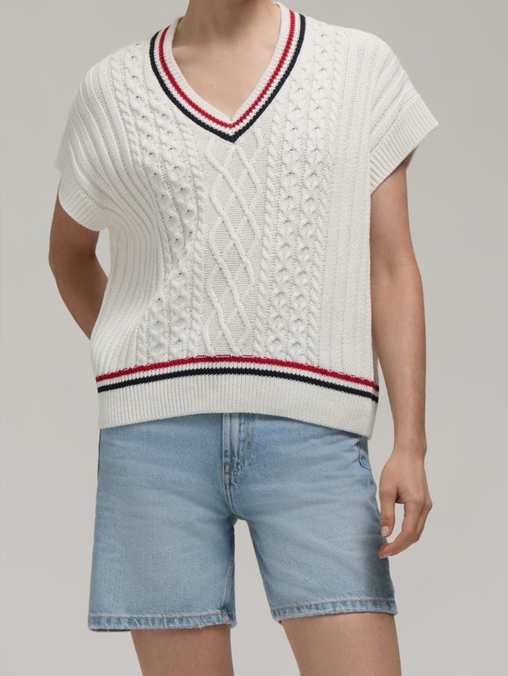 Hunter Preppy Women Cream Stripe Cable knit oversized Sweater Vest size medium